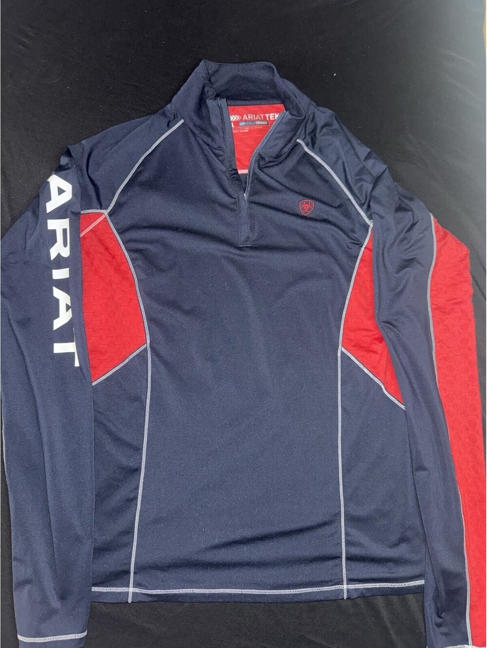 Ariat Lowell 2.0 1/4 Zip Baselayer  With Thumb Holes Navy And Red Women’s XL